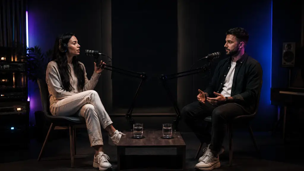 Rozmowa przy mikrofonach w studiu podcastowym JM Records